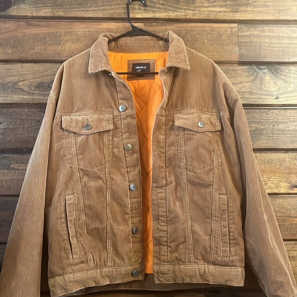 Camel colored corduroy jacket unisex with orange lining inside